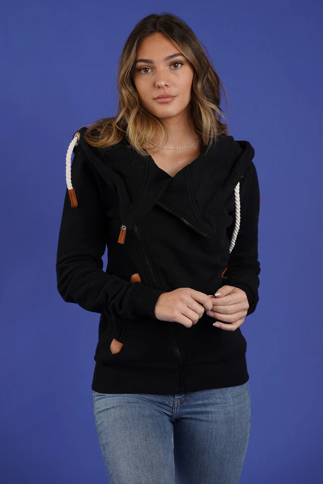 "Athena" Large Collar Zip-Up Hoodie | Black